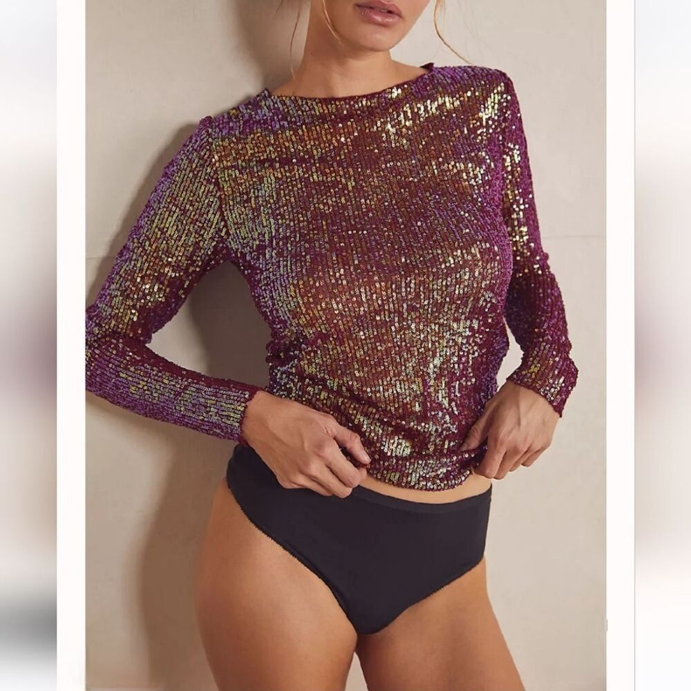 Free People Gold Rush Prismatic Sequin Long Sleeve Sheer Wine Blouse Size XS